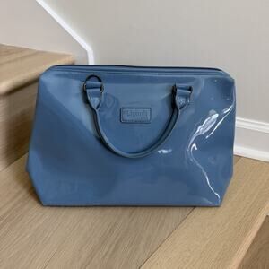 Lipault Paris Plume Steel Blue Patent Leather Bowling Bag Weekend Satchel